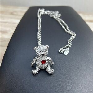Vintage PJM Articulated Teddy Bear Pendant Necklace/Brooch w/ Red Crystal Heart